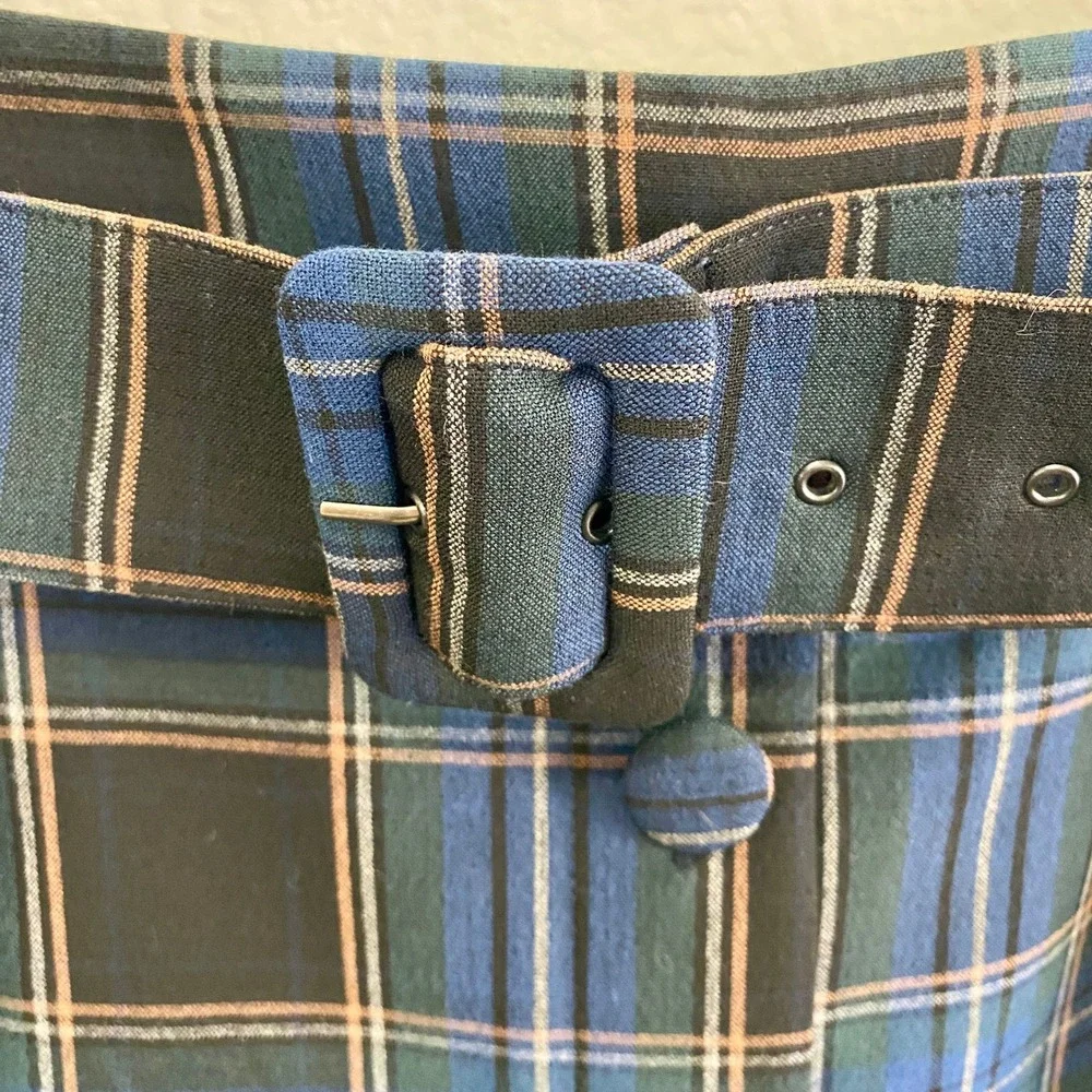 Anthropologie Maeve Plaid Belted‎ Button Front Skirt Sz 8 Blue Green Tartan Midi